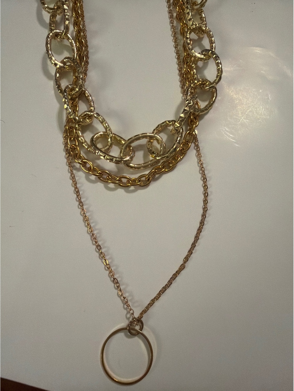 Layered Gold Tone Chain Necklace with Circle Pendant